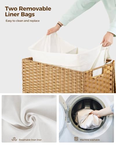 Greenstell Laundry Hamper with Wheels, No Install Needed, 110L Divided Handwoven Hampers & 2 Removable Liner Bags, Synthetic Rattan Clothes Laundry Basket with Lid & Handles, Foldable Hampers Natural - color: Natural, size: 110L: 22.0x13.5x26.4 Inches