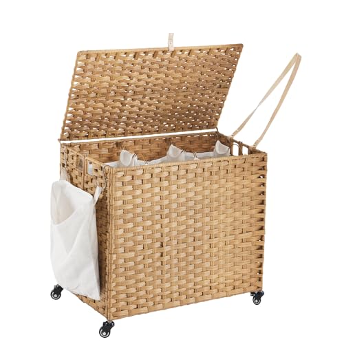 Laundry Hamper with Wheels, 34.3 Gallon(130L) Rolling Laundry Basket with Lid, 3-Section Rattan Clothes Hamper with 3 Removable Liner & 3 Mesh Bags, Laundry Sorter with Side Pocket, Natural - color: Natural, size: 130L（23.62 x 15.75 x 21.65 Inches）