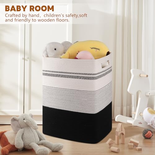 80L Large Cotton Rope Laundry Basket for Bedroom & Laundry Room, Tall Clothes Hamper with Sturdy Handles, Neutral Storage Bin Capable of Holding Blankets and Toys - color: Black& White, size: 80L