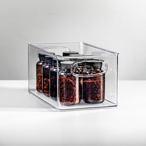 mDesign Plastic Bathroom Storage Container Bins w/ Handles - Closet, Cabinet, Vanity, Cupboard Shelf Organization, Hair Tools Accessory Organizer - Ligne Collection; Clear, 10x6x5 (Pack of 4) - size: 10 x 6 x 5 (Pack of 4)