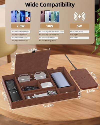 Leather Valet Tray with Wireless Charging Pad - Luxury EDC Nightstand Organizer for Men - Premium Desk Tray for Phone, Watch, Glasses & Keys - Sleek Office Desk Accessories & Gift for Him, Brown - color: Brown with Lid