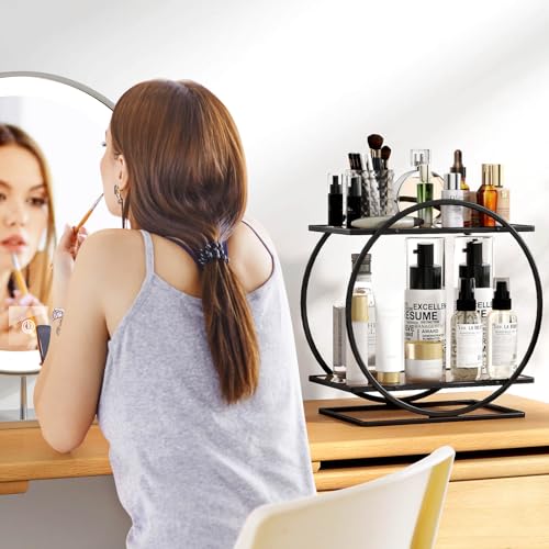 Perfume Organizer for Dresser, Black Bathroom Counter Organizer, 2 Tier Vanity Makeup Organizer, Bathroom Organizer and Storage for Skincare Cosmetic Perfume Display Stand for Bedroom Decor - color: Black Brown