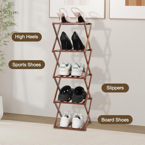 Bamboo Shoe Rack 5 Tier Foldable Shoe Rack Vertical Bamboo Shoe Organizer Free Standing Shelf for Entryway, Closet, Bedroom, Walnut Color - color: Walnut Color, size: 5-tier