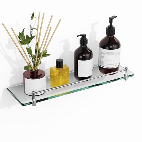 Glass Bathroom Shelves,Chrome Polished Floating Shelves for Wall Rectangular Modern Stainless Steel Glass Shelf for Bathroom Shelves Wall Mounted 16 Inch - color: Chrome Polished, size: 16"with railing