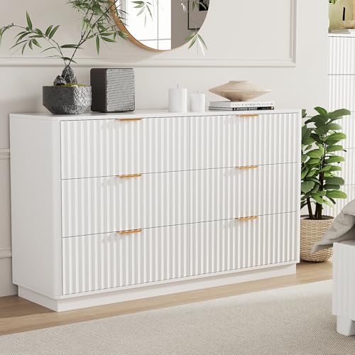 VOWNER Fluted 6 Drawers Dresser for Bedroom, 54" Wide Modern Chest of Drawers with Metal Handle, Closet Clothes Storage Organizer, Wood Dresser TV Stand for Living Room, Closet, Hallway, Entryway - color: White