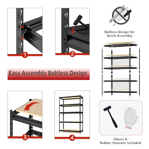 60" H x 28.03" W x 12" D Utility Shelves for Kitchen Pantry: 5-Shelf Storage-Rack Adjustable Metal+Wood Steel Stand Closet/Garage Shelving Unit Organizer System for Basement, Small (Black)
