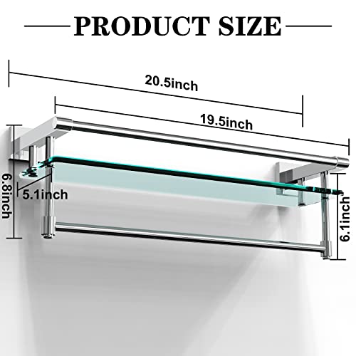 Bathroom Glass Shelf with Towel Rack Organizer Wall-Mounted Bathroom Storage SUS304 Stainless Steel Towel Bar/Track Wall-Mounted Tempered Glass Shelves (Chrome Polished, 20-inch) - color: Chrome Polished, size: 20-inch with Railing