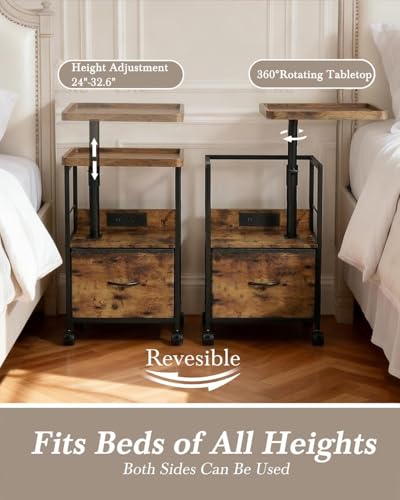 Faesun Swivel Lift Top Nightstand with Charging Station, Vacuum Forming Rolling Side Table for Recliner, Bedside Table with Wheels & a Fabric Drawer, for Small Spaces, for Bedroom, Living Room, Brown - color: Brown, size: 1 Drawer (Vac-Form)