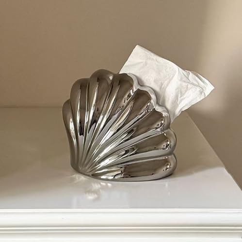 Ceramic Tissue Box Cover Modern Decorative Organizer for Facial Tissues Holder, Farmhouse Style Home Decor for Bathroom, Bedroom, Living Room & Office (Shell Sliver) - color: Shell Sliver