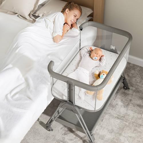 Fodoss Bedside Bassinet for Baby with Wheels, All Mesh Bedside Crib with Storage Basket, Hight Adjustable and Easy Assembly - color: Light Grey Tweed