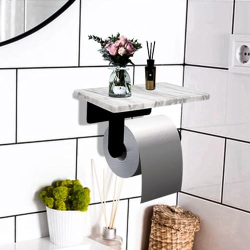 Toilet Paper Holder with Natural Marble Shelf for Bathroom Washroom,Wall Mounted Tissue Holder Suitable for Mega Rol(Middle 7.87 * 4.72 in, Matte Black) - color: Matte Black, size: Middle 7.87 * 4.72 in