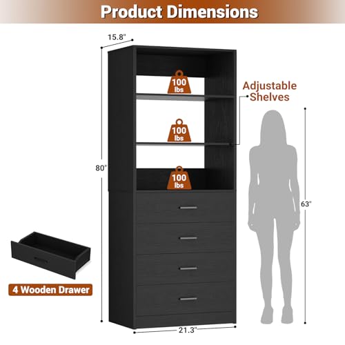 Aheaplus Closet Drawers Organizer System, 21.3" Wood Closet System with 4 Drawers, Modular Walk-in Closets Storage Unit, Tall Bookshelf Storage Cabinet, Black - color: Black