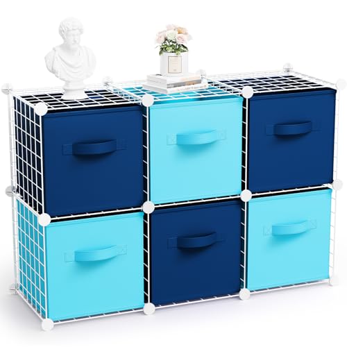 Leinuosen 6 Cube Storage Organizer with 6 Foldable Fabric Storage Bins, Metal Wire Grid Shelves, Stackable Modular Closet Organizer for Bedroom Living Room Office Toys Books(White,Blue) - color: White, Blue, Light Blue