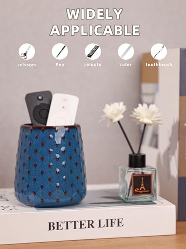 GDCZ Ceramic Remote Control Holder, Remote Caddy Organizer Storage, Remote Organizer for Table, TV Remote Holder, Makeup Brush Pen Holder, 4.2" (Blue) - color: Blue