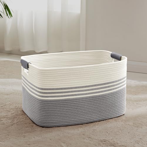 60L Large Laundry Basket with Leather Handles for Living Room Storage, Woven Rope Baskets Bin for Blanket, Kids Toy, Gifts, Wicker Hamper for Bedroom Dirty Clothes, 21"x15"x11" White Grey - color: Grey, size: 60L