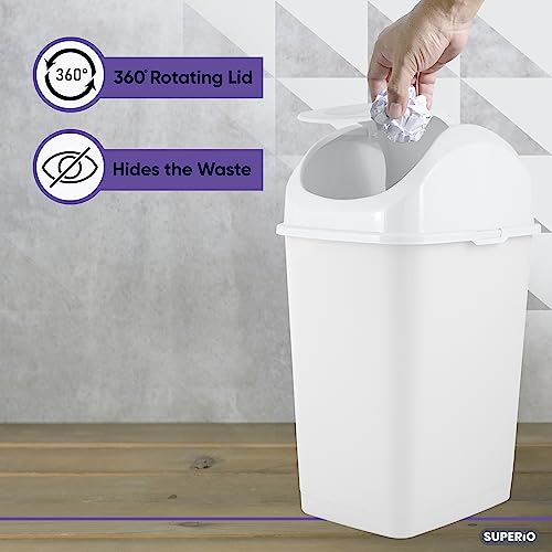 Superio Small 2.5 Gallon Plastic Trash Can with Swing Top Lid, Compact Slim Waste Bin for Under Desk, Office, Bedroom, Bathroom, Dorm Room, 10 Qt. Portable Garbage Can (White) - size: 2.5 Gallon, style: 1 Pack