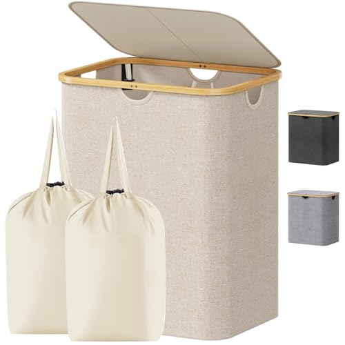 Lifewit 120L Laundry Basket with Lid, Clothes Hampers for Laundry with Bamboo Handles and 2 Removable Bag, Large Foldable Laundry Hamper for Bedroom, Bathroom, Dorm, Laundry Room, Beige - color: Beige, size: 120L