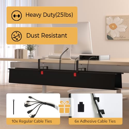 Under Desk Cable Management Tray - 48" Cord Organizer for Desk No Drill, Fabric Under Table Wire Organizer with 16X Cable Ties Hide for Office/Home, Cord Hider Fits Adapters & Sockets, Black - color: Black, size: 48'' L