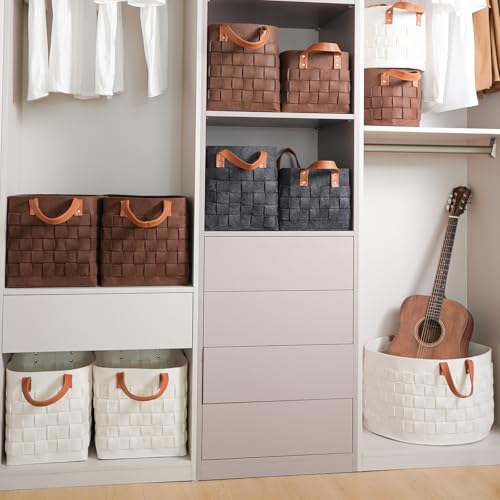 BOLDMONKEY Laundry Basket 20" x20 " x11.8 ", Large Felt Fabric Blanket Basket with Leather Handle, Dirt Clothes Laundry Hamper Round for Babies, Dogs and Living Room-Brown - color: Wood Brown