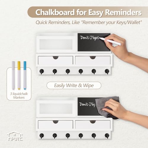 Key Holder for Wall, Key and Mail Holder for Wall with Storage Drawer, Entryway Rustic Home Decor, 3 Liquid Chalks & Chalkboard, 15.98”W x 9.1”H x 3.3”D, White - color: White