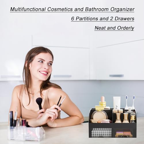 Makeup Organizer with 2 Drawers, Cosmetic Storage for Dresser Vanity and Bathroom Countertop,Make up organization and Skincare Storage with Beauty Brush Holder, Cosmetic Display Case 2Pcs Black - color: 2Pcs Black