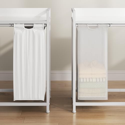Herture Laundry Hampers with Shelf, Laundry Basket 3 Section, Laundry Sorter with Pull-Out Removable Large 3 Color Bags and Movable Wheels, Metal Frame, 3 x 15.87 Gallons (60L), White PF04XLE - color: White + 3-Color, size: 3 Bags-180 L