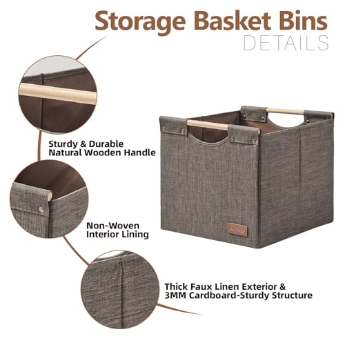 KAKAMAY Collapsible Cube Storage Bins 15x13x13 Inches Brown 2-Pack, Foldable Storage Organizer Wooden Handles Fabric Baskets for Living Room Shelves, Bedroom Nursery Closet Toys, Clothes, Laundry - color: Brown