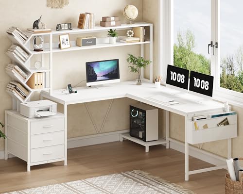 YOMILUVE L Shaped Desk with Hutch, Reversible Computer Desk with Drawers and Bookshelf, Home Office Desks with Storage Shelves for Bedroom Home Office, White - color: White