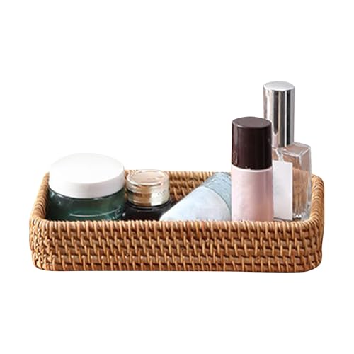 8in Rattan Bathroom Vanity Tray, Toilet Tank Basket, Bathroom Decor Box, Small Narrow Guest Towel Holder for Vanity, Countertop, Bathroom, Kitchen and Cabinet Storage(Color:Wood)