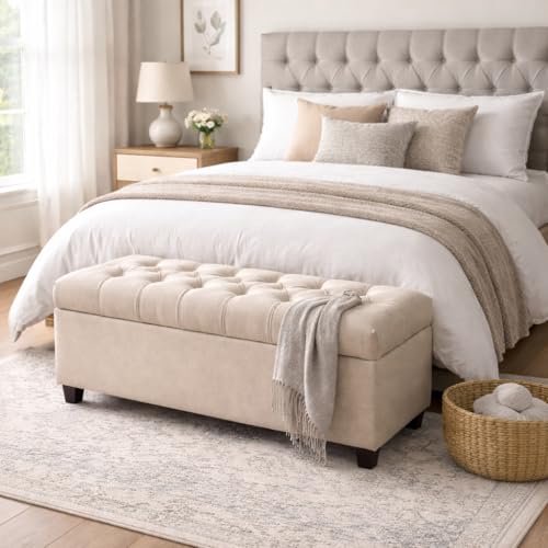 Homepop Home Decor | Tufted Ainsley Button Storage Ottoman Bench with Hinged Lid | Ottoman Bench with Storage for Living Room & Bedroom, Cream 18x40x18 inches - color: Cream