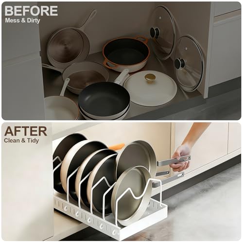 Pot and Pan Organizer under Cabinet Pull Out,Pot Lid Holder for Kitchen, Cookware Storage Rack with Slide Rails,Slide-out Drawer, White