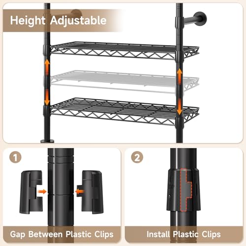 Wall Mounted Garment Rack, Walk-in Closet System with Expandable Rods, Adjustable Shelves, Industrial Pipe Clothing Racks, Hanging Clothes Organizers and Storage, Metal Closet Shelving Wardrobe - color: Black