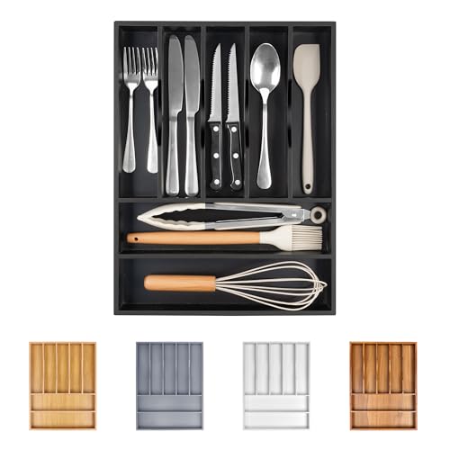 Bellsal Bamboo Silverware Drawer Organizer, Utensil Kitchen Drawer Organizer, Utensil Holder Cutlery Tray with Grooved Drawer Dividers for Kitchen Utensils and Flatware Bedroom Office (7 Slot, Black) - color: Black, size: 7 Slots
