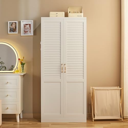 71" Tall Metal Wardrobe Closet with Hanging Rod, Adjustable Shelves – Durable Steel Armoire for Home or Office - color: Urban Essential-white