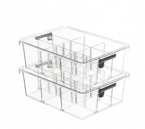 Socks Bra Underwear Drawer Organizer for Closet, 2 PCS Plastic Storage Box with 9 Removable Compartments and Lid, Clear Dresser Drawer Organizer Storage Container with Dividers for Sock Ties Belts - color: Clear-9 Grids