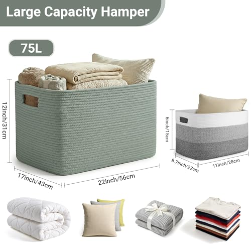 75L Green Cotton Rope Storage Basket, Large Rectangle Laundry Hamper with Handles, 22”x17”x12” Woven Blanket and Toy Basket for Living Room, Bedroom and Nursery - color: Green