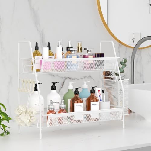 VITVITI 2-Tier Bathroom Organizer Countertop, Metal Wire Mesh Bathroom Counter Organizer Storage with Basket Hooks, Vanity Tray Shelf, Kitchen Spice Rack, White - color: Large White Wire Mesh