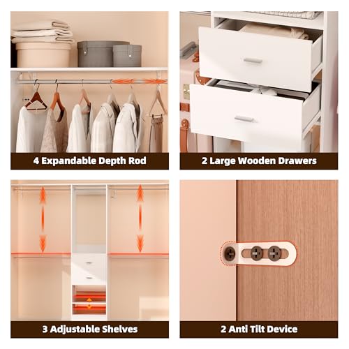 Closet System, Closet Organizer System With 2 Wood Drawers, Walk-In Closet Storage System With 5 Hanging Rods, Adjustable Cloth Garment Rack, Fits Spaces 4 to -9FT, White - color: ‎2 drawer 3 shelve, size: 1 PC