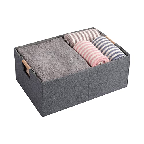 Fabric Storage Bin Box Foldable Collapsible Storage Basket with Wooden Handles Rectangular Cube Decorative Home Nursery Organizer Clothes Blanket Container – Grey, Medium - color: Grey, size: Medium