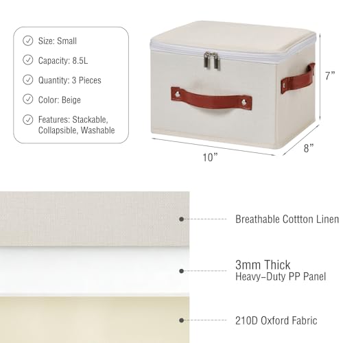 3PCS Storage Bins Boxes with Zippered Lids Cotton Linen Fabric Decorative Basket PU Leather Handles PP Plastic Board Foldable Lidded Clothing Shelf Closet Organizer Container (Beige, Small) - color: Beige, size: Small ( Pack of 3 )
