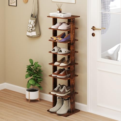 Tangkula 8-Tier Vertical Shoe Rack, Space-Saving Corner Shoe Organizer for 7 Pairs, Narrow Shoe Storage for Entryway, Front Door, or Closet - color: Rustic Brown, size: 10" x 11" x 43.5"