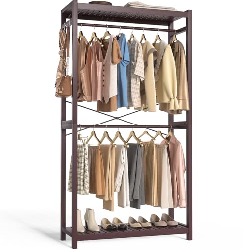 Homykic Bamboo Clothes Rack with Shelves and Double Hang Rods, Portable Closet System Garment Rack for Hanging Clothes, Tall Clothing Rack Corner Closet Organizer, Easy to Built, Espresso - color: Espresso, size: Standard