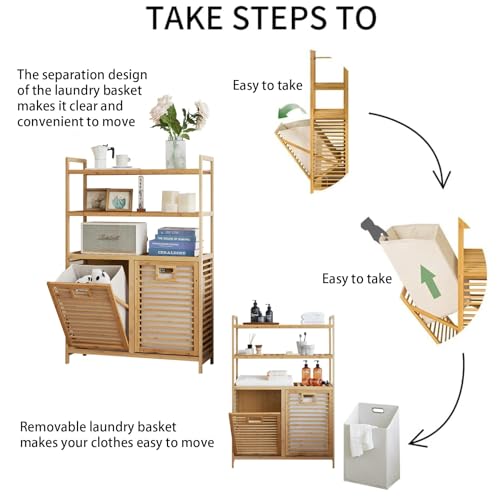 Baveke Double Tilt Out Laundry Hamper, Bamboo Hamper with 2 Removable Bags, Pull Out Laundry Hamper Cabinet, Bathroom Storage Shelf for Laundry Room, Living Room, 3-Tier(FSC-Certified Bamboo) - color: Natural, size: YSJ02-3T