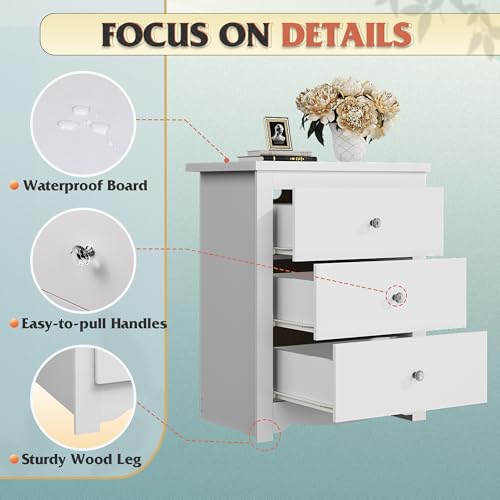 WLIVE White Nightstand with Charging Station, Wood Night Stand with 3 Drawers Storage, Tall Bedside Table End Side Tables with 2 USB Ports and Outlets for Bedroom, Closet, White - color: White