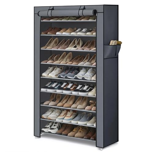 SONGMICS Home Shoe Rack 10-Tier, Tall Narrow Metal Shoe Organizer with Dust Cover, 11.2 x 33.3 x 63.2 Inches, Vertical Storage Cabinet for Closet Entryway, Gray - color: Grey, size: 10 Tiers (33.3"W)