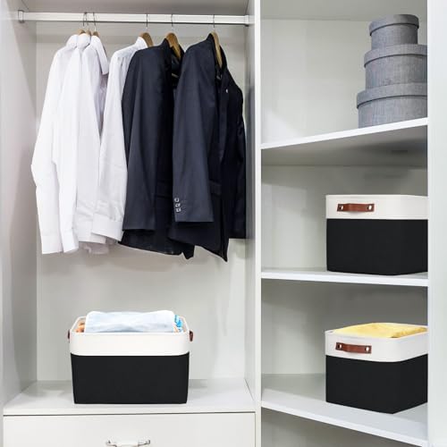 Bagnizer Storage Bins Large Fabric Storage Baskets for Shelves 3 Pack, Decorative Linen Closet Baskets with Handles for Organizing, Shelf, Clothes, Home, Office, 15x11x9.5Inches (Black&White) - color: Black / Off-White, size: Large -15"x11"x9.5"