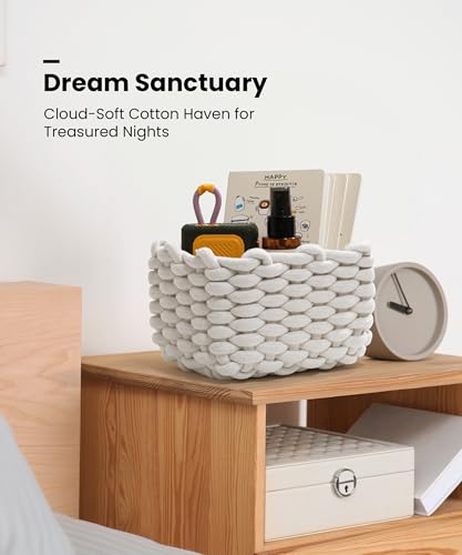 Small Macrame Woven Storage Baskets 2 Pack – Boho Cotton Rope Bins for Bathroom, Bedroom, Desk & Vanity Organizer – White & White, 7x5.5x5 Inches - color: White & White