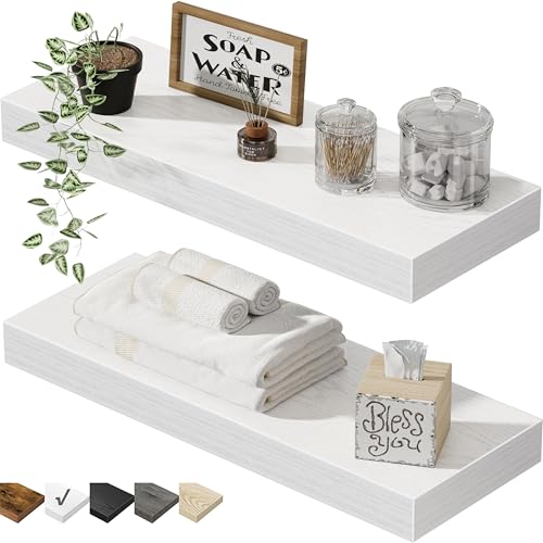 QEEIG Bathroom Floating Shelves for Wall - 15.7" Wall Mounted Shelf Over Toilet Farmhouse Home Decor Display Bookshelf Small 15.7 x 6.7 inch Set of 2, White (008-40W) - color: B. White, size: 15.7"