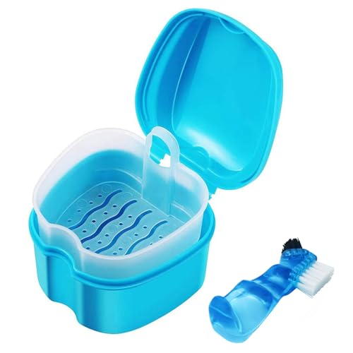 Keedolla Denture Cup Orthodontic Retainer Case, Denture Bath Box Dental Mouthguard Case Cleaning with Brush, Strainer Basket and Lid Waterproof - Blue - color: Bluw