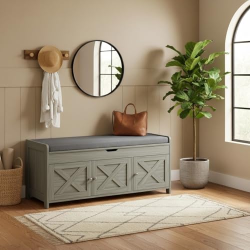 Pipishell Shoe Storage Bench, 2-Tier Shoe Bench with Cushioned Seat, Entryway Bench with Adjustable Shelf & Barn Doors, 300 lbs Capacity, 39.4" x 15" x 18", for Entryway, Bedroom, Living Room, Gray - color: Grey, size: 3 doors- 39.4" W x 15" D x 18" H